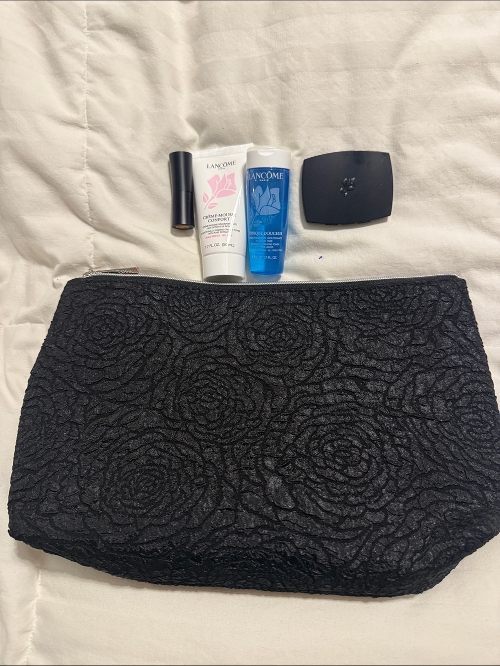NWT - Lancome Black Rose-Textured Cosmetic Bag with makeup